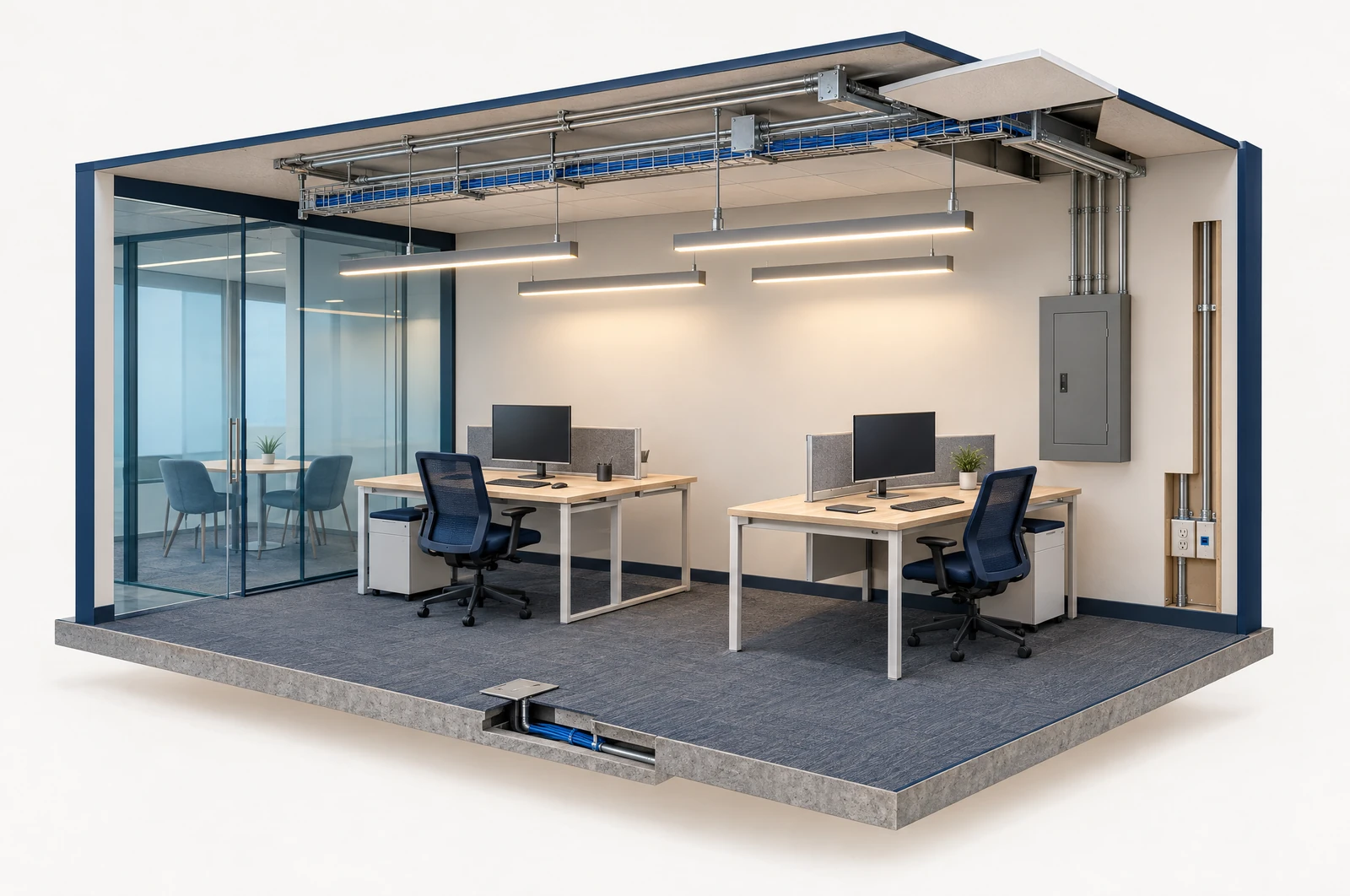 Office cutaway illustrating ceiling lighting, electrical panel, wall conduit, outlets and underfloor power routing