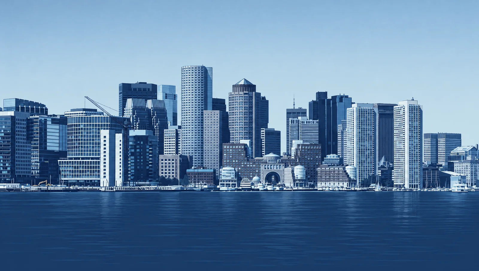 Blue-toned illustration of the Boston waterfront office skyline