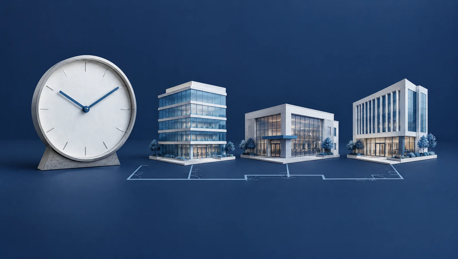 A clock beside three office buildings, illustrating time and options